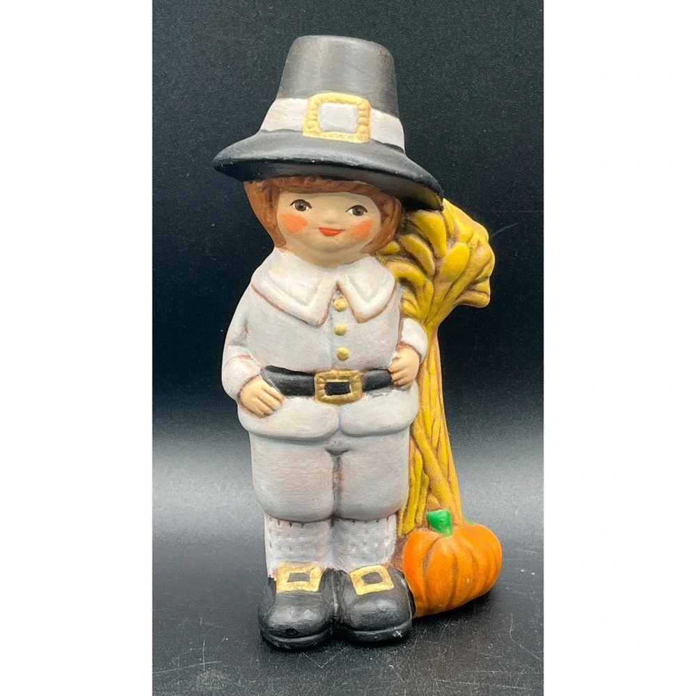 Vtg Ceramic Pilgrim Boy Figurine Thanksgiving Harvest Decor 6